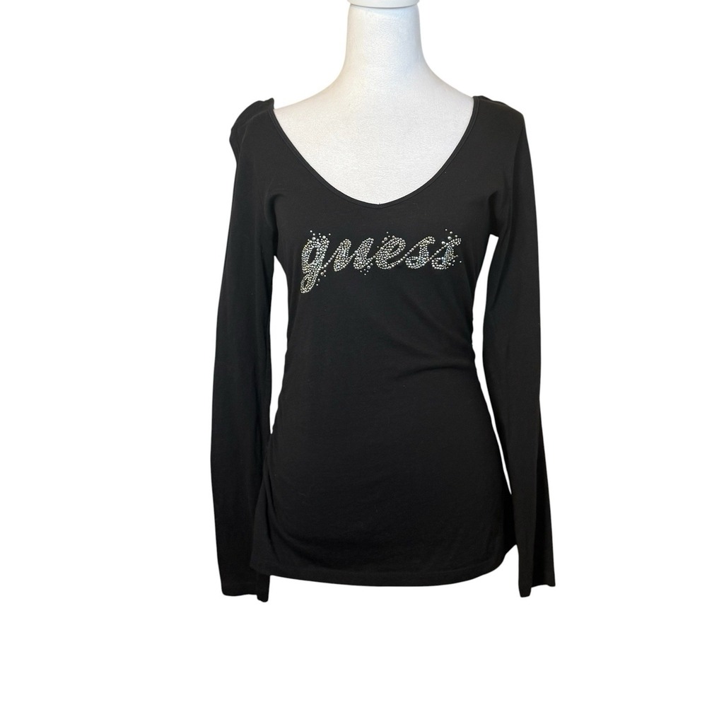 Guess Y2K Black Rhinestone Logo Bling Long Sleeve Shirt Size Large Edgy Grunge